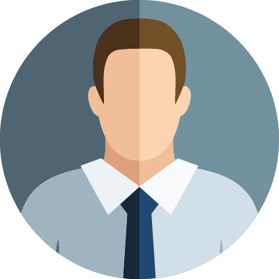 Avatar16 Illustration of a faceless person with brown hair, wearing a blue tie and a light shirt, set against a dark and light split background.