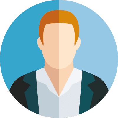 Avatar23 Illustration of a faceless male avatar with short ginger hair, wearing a black jacket and white shirt, on a blue circular background.