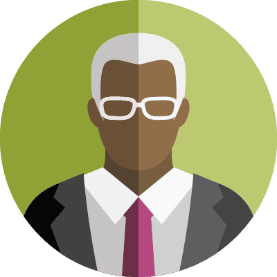 Avatar24 Illustration of a person with short white hair, wearing glasses, a suit, and a tie against a two-tone green circular backdrop.