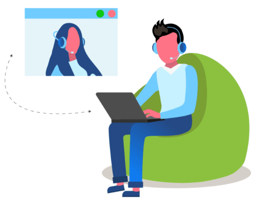 Copy of Manchester Estate Agent Illustration of a person sitting on a green beanbag, using a laptop for a video call, reminiscent of the 2020 pandemic era, with another person wearing headphones in the window.