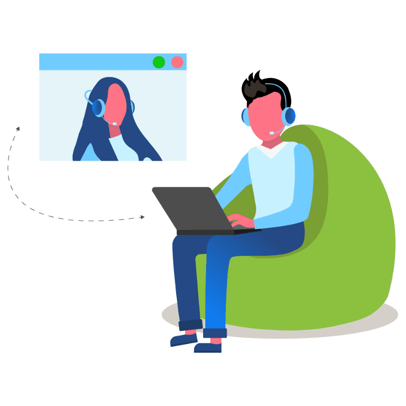 Illustration of a person sitting on a green beanbag, using a laptop for a video call, reminiscent of the 2020 pandemic era, with another person wearing headphones in the window.
