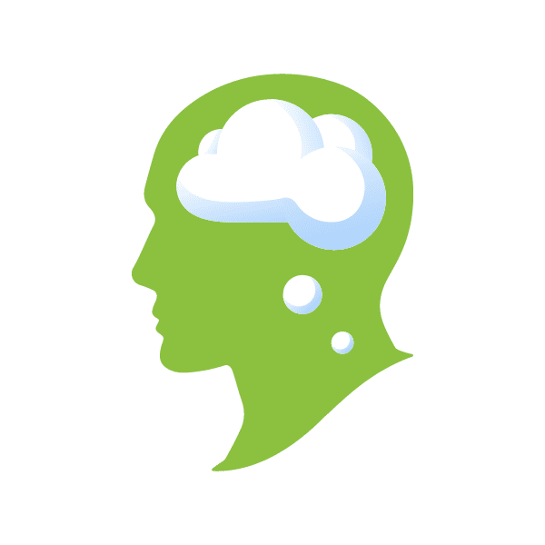 A silhouette of a green head profile with a white cloud inside, symbolising thought or imagination, embodies forward-thinking in business.