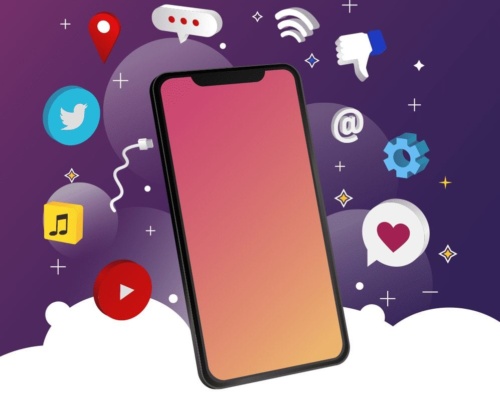 Is It Getting Harder to Talk to Customers on Social Media A smartphone with a blank screen is surrounded by vibrant social media and connectivity icons, such as a thumbs down, music note, and gears. The scene unfolds against a dreamy purple background with clouds, encapsulating the essence of todays digital social landscape.