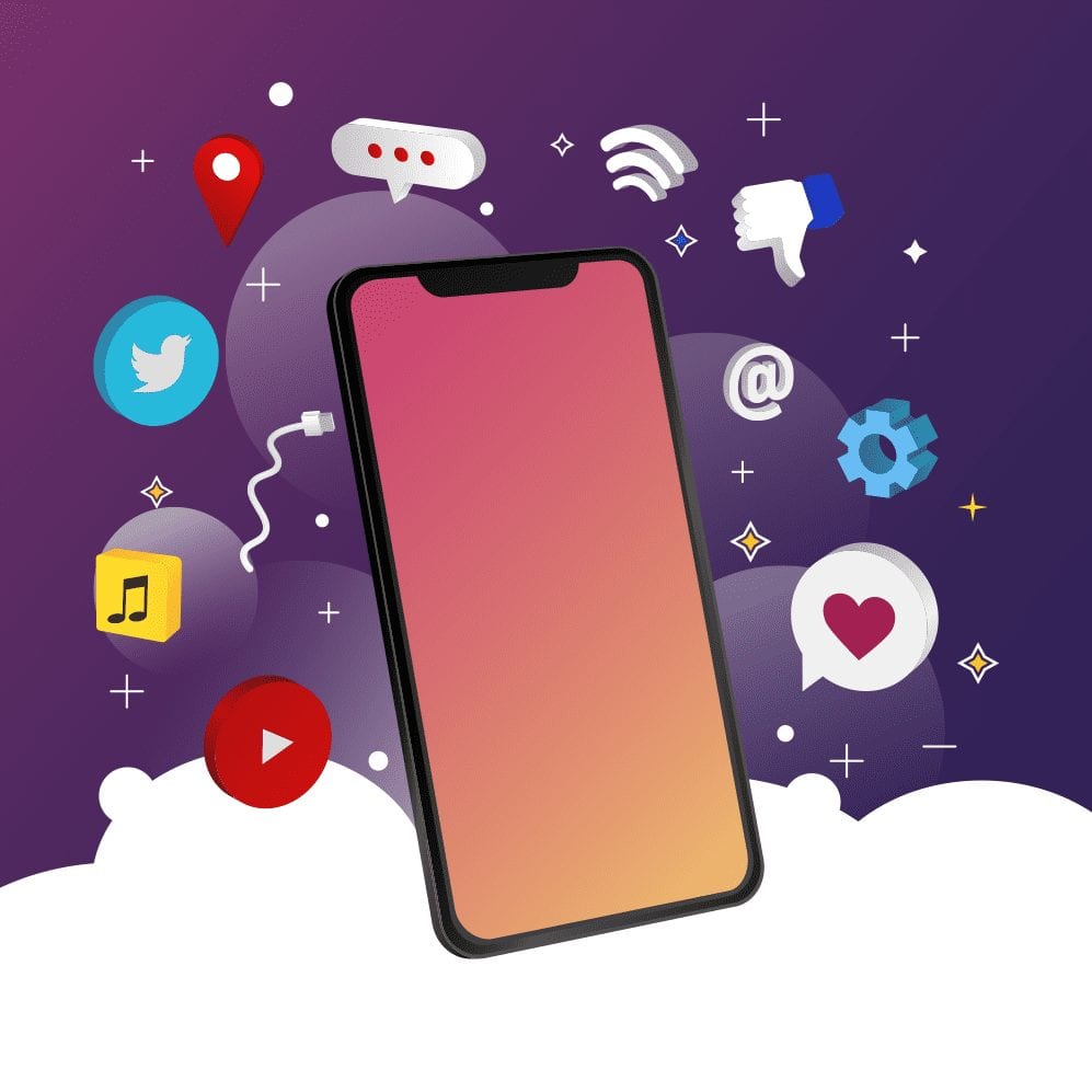 A smartphone with a blank screen is surrounded by vibrant social media and connectivity icons, such as a thumbs down, music note, and gears. The scene unfolds against a dreamy purple background with clouds, encapsulating the essence of todays digital social landscape.