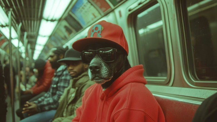 Latest Music Trends A dog wearing a red hoodie, sunglasses, and a hat with a skull logo is sitting on a tube seat. People are seated nearby.
