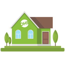 Illustration of a small green house with a brown roof, featuring two windows, a door, and three trees surrounding it. A circular emblem with OHS adorns the wall, suggesting modern amenities like a VOIP telephone system nestled within its cosy interior.
