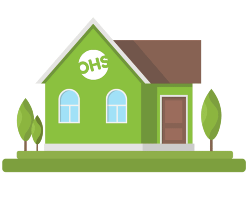Manchester Estate Agent Illustration of a small green house with a brown roof, featuring two windows, a door, and three trees surrounding it. A circular emblem with OHS adorns the wall, suggesting modern amenities like a VOIP telephone system nestled within its cosy interior.