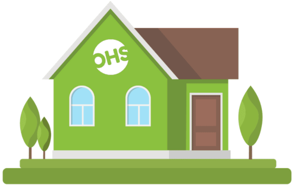 Illustration of a small green house with a brown roof, featuring two windows, a door, and three trees surrounding it. A circular emblem with OHS adorns the wall, suggesting modern amenities like a VOIP telephone system nestled within its cosy interior.