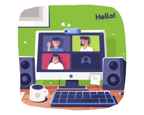 Microsoft Teams Illustration of a virtual meeting on a computer screen using Microsoft Teams, featuring four participants. A keyboard, speakers, and a mug of coffee sit on the desk, with a cheerful Hello! text in the top right corner.