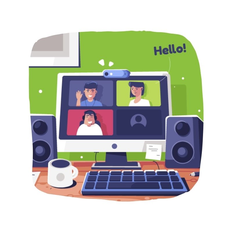 Illustration of a virtual meeting on a computer screen using Microsoft Teams, featuring four participants. A keyboard, speakers, and a mug of coffee sit on the desk, with a cheerful Hello! text in the top right corner.
