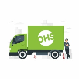 A person leans against a green delivery lorry with OHS on the side, as faint city buildings and small plants surround them, while a VoIP call buzzes softly in their ear.