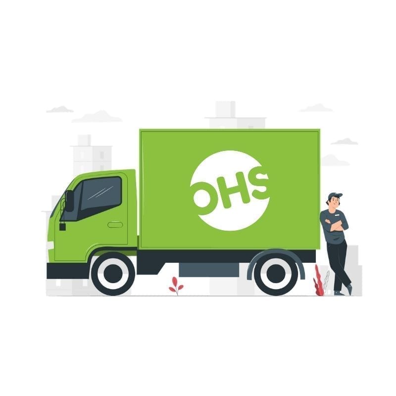A person leans against a green delivery lorry with OHS on the side, as faint city buildings and small plants surround them, while a VoIP call buzzes softly in their ear.