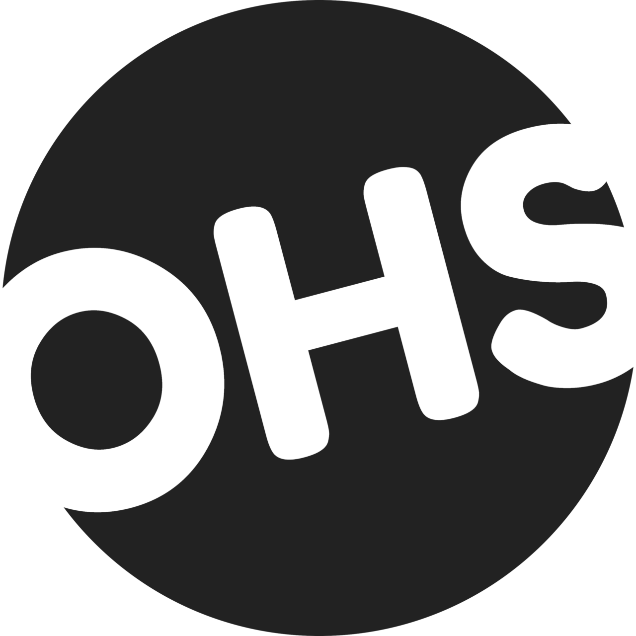 The image displays the letters OHS in bold on a black circular background, with the O cut out as part of the circle.
