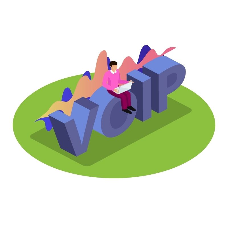 An illustration of a person sitting atop giant letters spelling VoIP, with vibrant waveforms dancing in the background, all grounded on a lush green oval base.