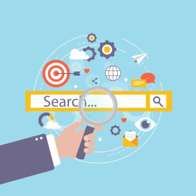 An illustration portrays a hand holding a magnifying glass over a search bar, emphasising the process of search engine submission. Encircling the scene are icons such as gears, targets, and email against a light blue background.
