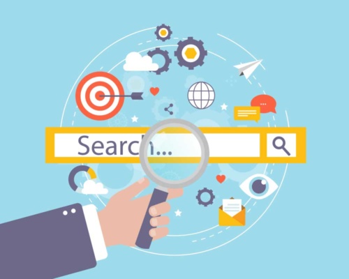 An illustration portrays a hand holding a magnifying glass over a search bar, emphasising the process of search engine submission. Encircling the scene are icons such as gears, targets, and email against a light blue background.