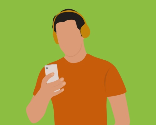 Update Your Old Phone Messages A man in an orange shirt, absorbed in his phone messages, wears headphones whilst standing against a vibrant green background.