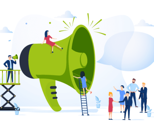 audio-branding Illustration showing people interacting with a large green megaphone. Some are standing on ladders, one is sitting on top, and others are discussing audio branding nearby.
