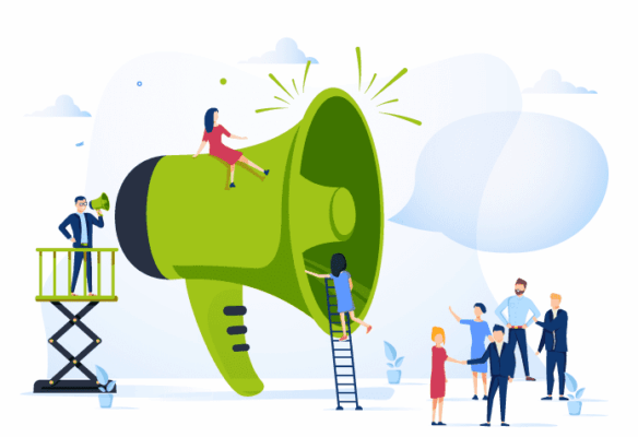 Illustration showing people interacting with a large green megaphone. Some are standing on ladders, one is sitting on top, and others are discussing audio branding nearby.