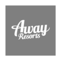 Logo featuring the words Away Resorts in green cursive against a grey background.
