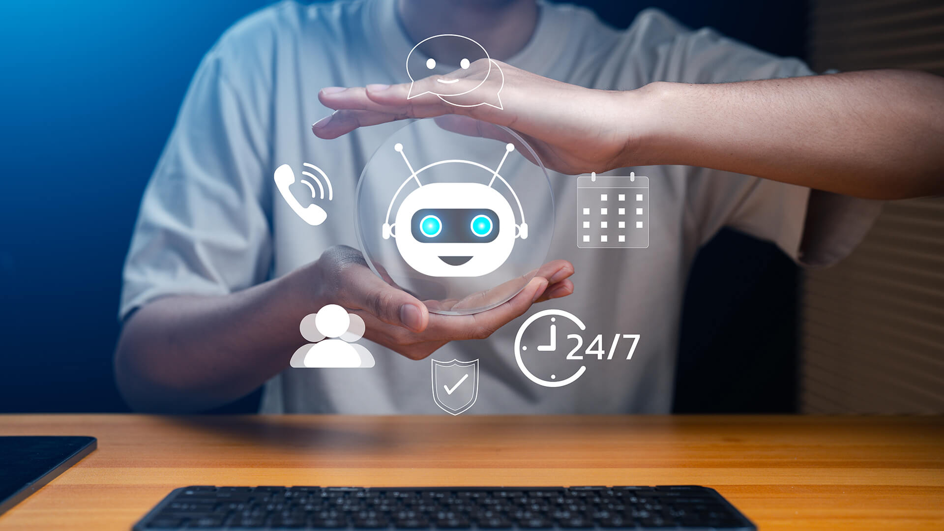 blog-answering service A person cups their hands around a floating robot icon, encircled by digital communication symbols, representing artificial intelligence in answering service versus virtual receptionist solutions.