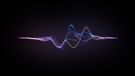 Colourful, wavy lines resembling a digital sound wave or frequency spectrum appear against a dark background, with gradients of blue, purple and yellow light.