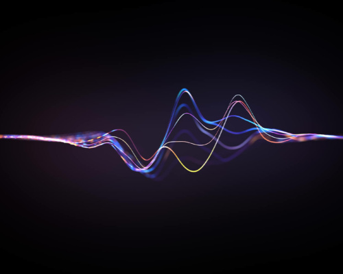 Colourful, wavy lines resembling a digital sound wave or frequency spectrum appear against a dark background, with gradients of blue, purple and yellow light.