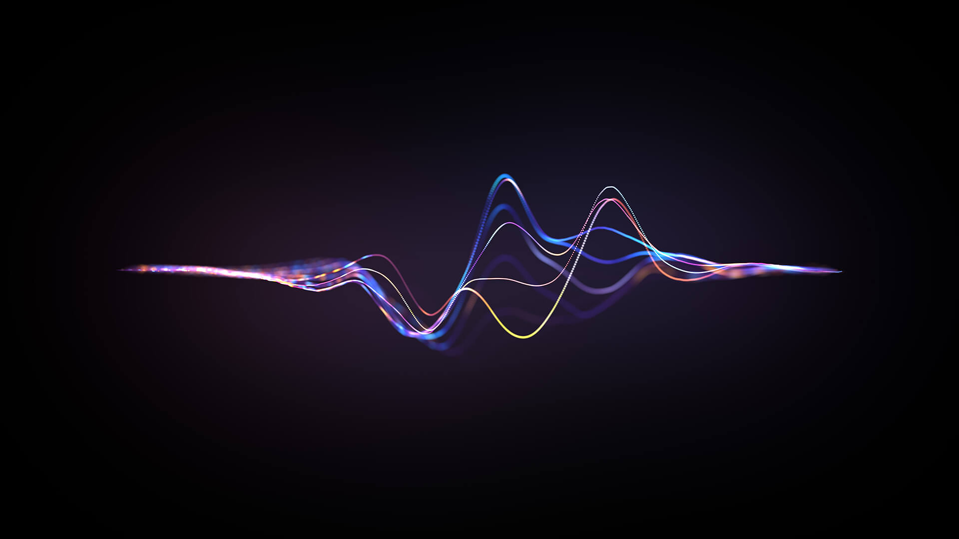 Colourful, wavy lines resembling a digital sound wave or frequency spectrum appear against a dark background, with gradients of blue, purple and yellow light.