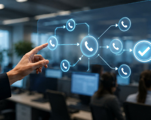 Individual touching a transparent screen showing phone and tick icons, in front of an office where call centre staff are working at computers.