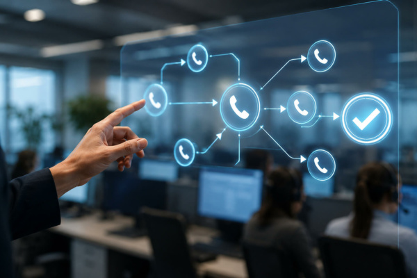 Individual touching a transparent screen showing phone and tick icons, in front of an office where call centre staff are working at computers.
