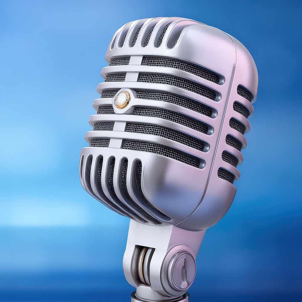 A close-up of a vintage silver microphone with a grille front, set against a blurred blue backdrop—ideal for professional voice-overs.