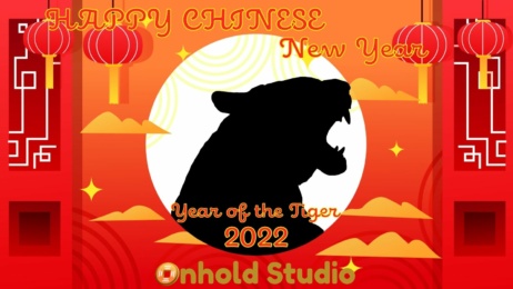 Colourful Chinese New Year 2022 image featuring a tiger silhouette, lanterns, and decorative patterns. Text reads, Happy Chinese New Year, Xi Fa Cai! Year of the Tiger 2022, brought to you by Onhold Studio.