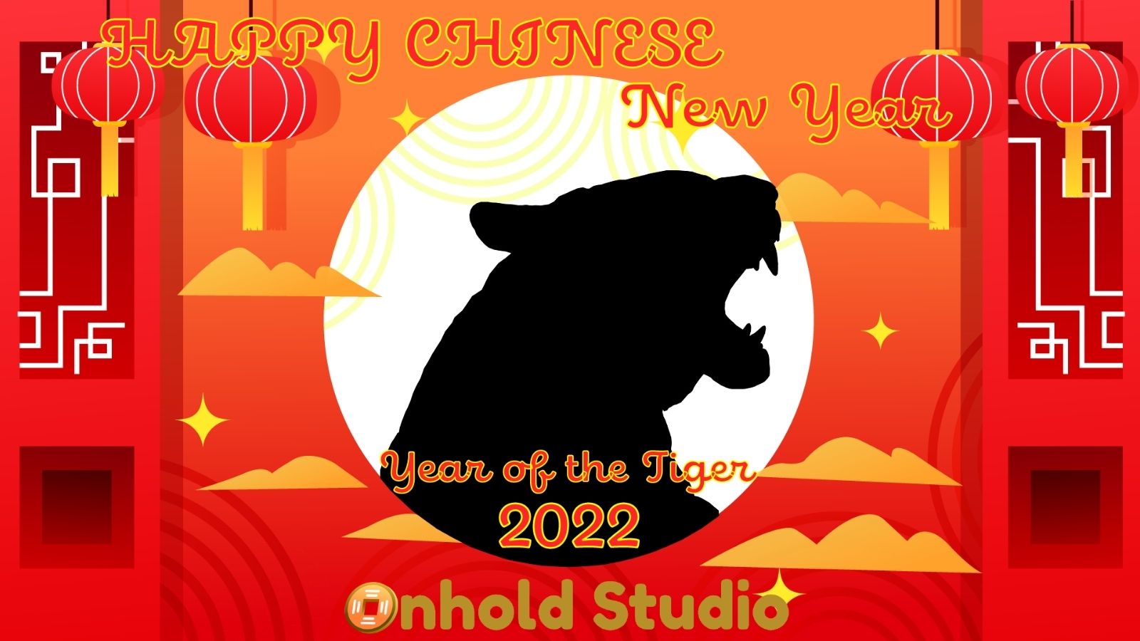 Colourful Chinese New Year 2022 image featuring a tiger silhouette, lanterns, and decorative patterns. Text reads, Happy Chinese New Year, Xi Fa Cai! Year of the Tiger 2022, brought to you by Onhold Studio.