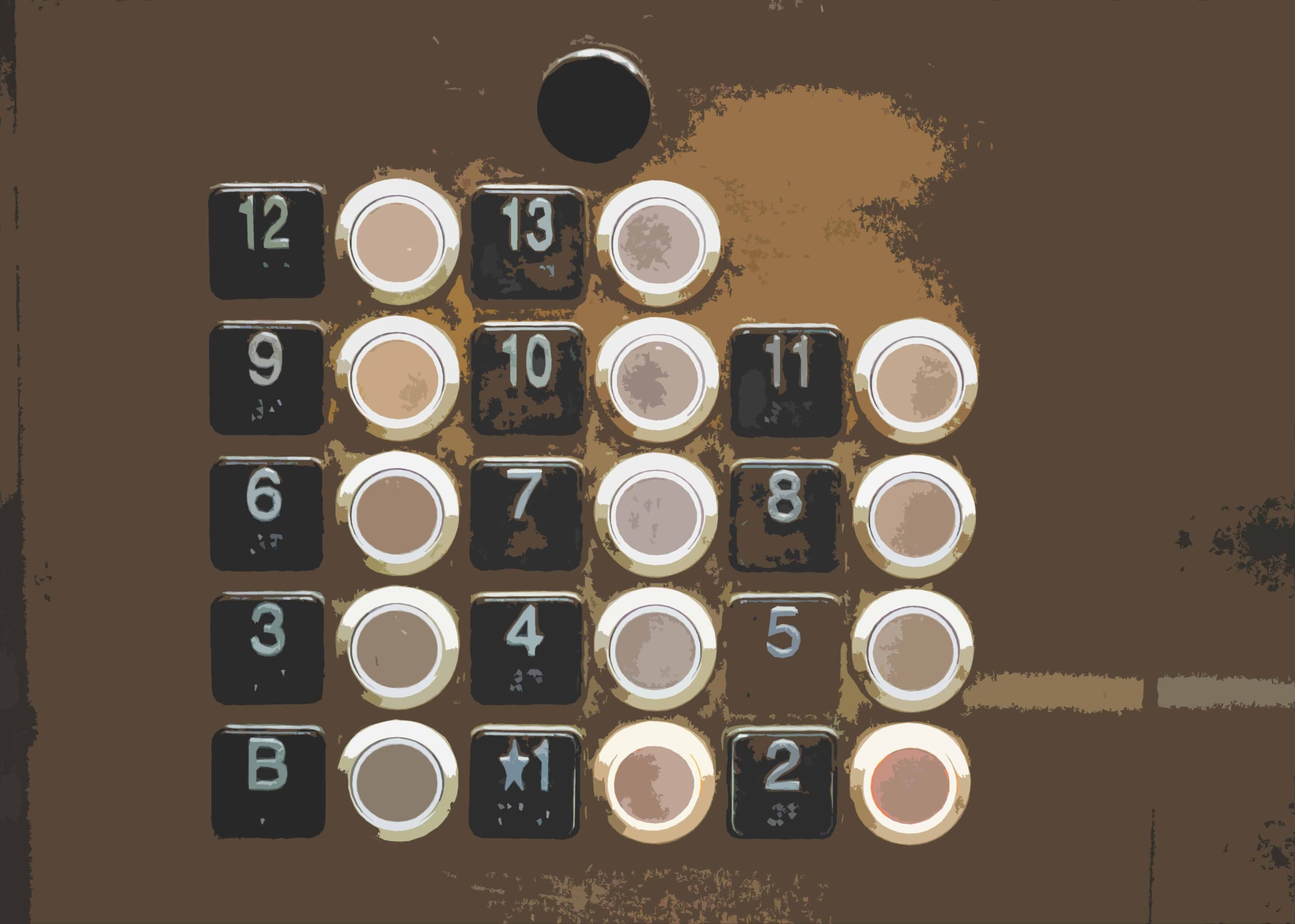 Close-up of a lift button panel displaying floors B, 1-13, reminiscent of an IVR systems keypad. The buttons feature black backgrounds with white numbers, and some buttons are illuminated like those on hold.