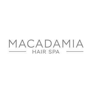 Logo featuring the text Macadamia Hair Spa in grey, with two horizontal lines on either side of the word Macadamia.