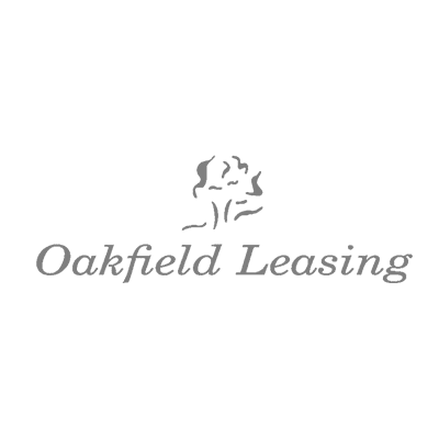 Oakfield Leasing Grey text and logo on a green background reading Oakfield Leasing with a stylised tree graphic above the text.