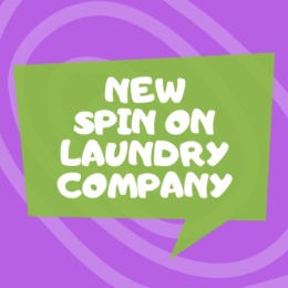 Green speech bubble on purple background with text: New Spin on Laundry Company, now featuring a call waiting service.