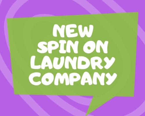 Green speech bubble on purple background with text: New Spin on Laundry Company, now featuring a call waiting service.
