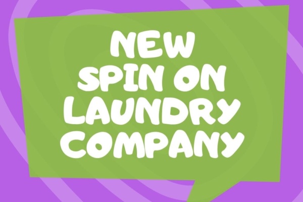 Green speech bubble on purple background with text: New Spin on Laundry Company, now featuring a call waiting service.