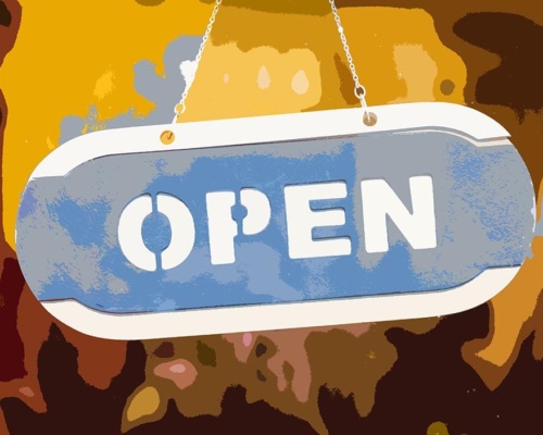 Open sign Wood open sign at the mirror door of store