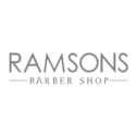 Grey logo with text RAMSONS BARBER SHOP in capital letters and a line above and below BARBER SHOP.