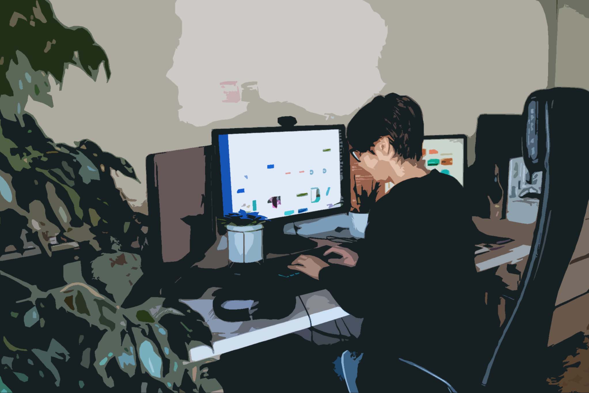 A person is seated at a desk working on a computer with two monitors, surrounded by office plants, while managing communications through cloud-based telephony.