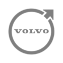 Volvo logo featuring a grey circle with an arrow pointing diagonally outward and the word VOLVO in capital letters centred inside.
